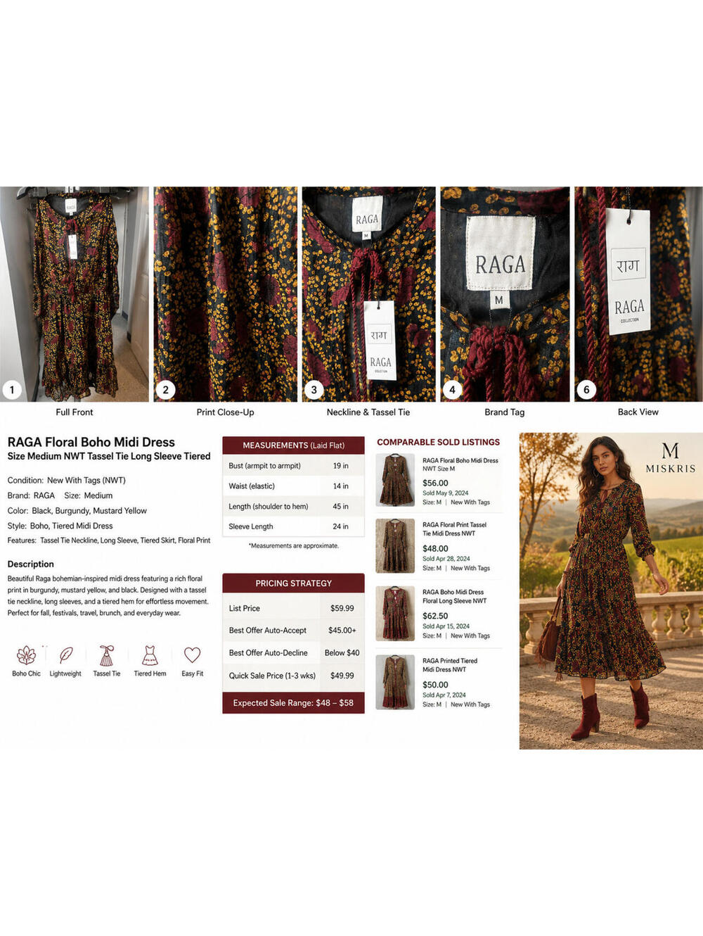 RAGA Floral Boho Midi Dress Size Medium NWT Tassel Tie Long Sleeve Tiered
